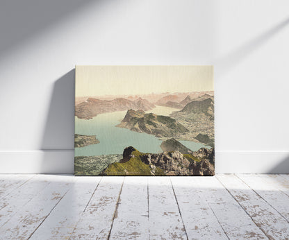 A picture of View over the Lake of Four Cantons, Pilatus, Switzerland, a mockup of the print leaning against a wall