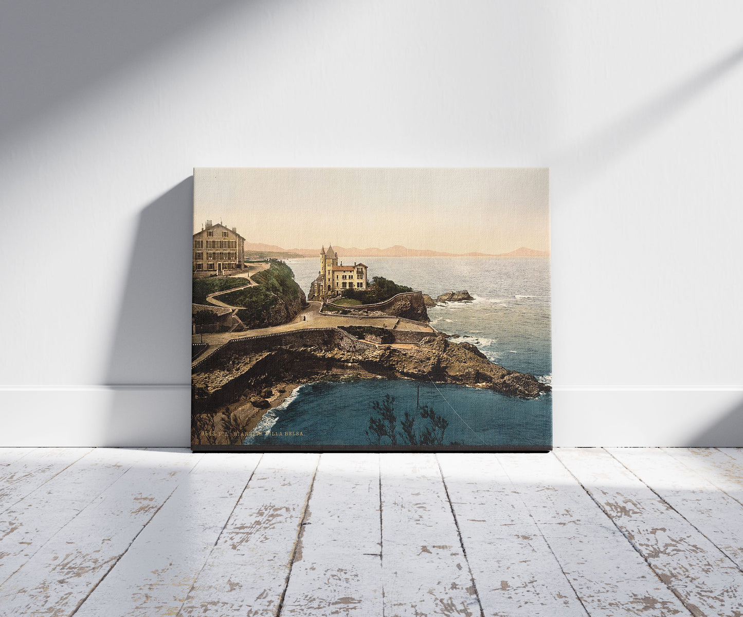 A picture of Villa Belsa, Biarritz, Pyrenees, France, a mockup of the print leaning against a wall