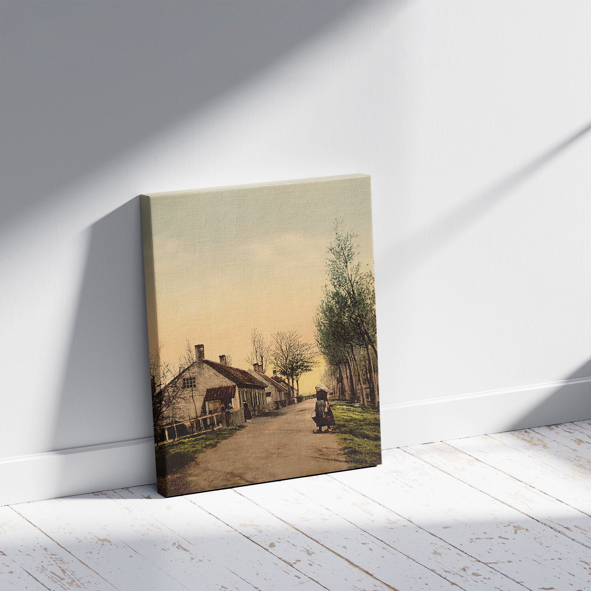 A picture of Village near Dordrecht, Dordrecht, Holland, a mockup of the print leaning against a wall