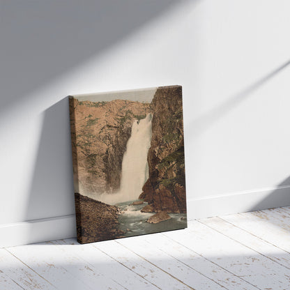 A picture of Vorinfos (i.e., Vøringsfoss), Hardanger Fjord, Norway, a mockup of the print leaning against a wall