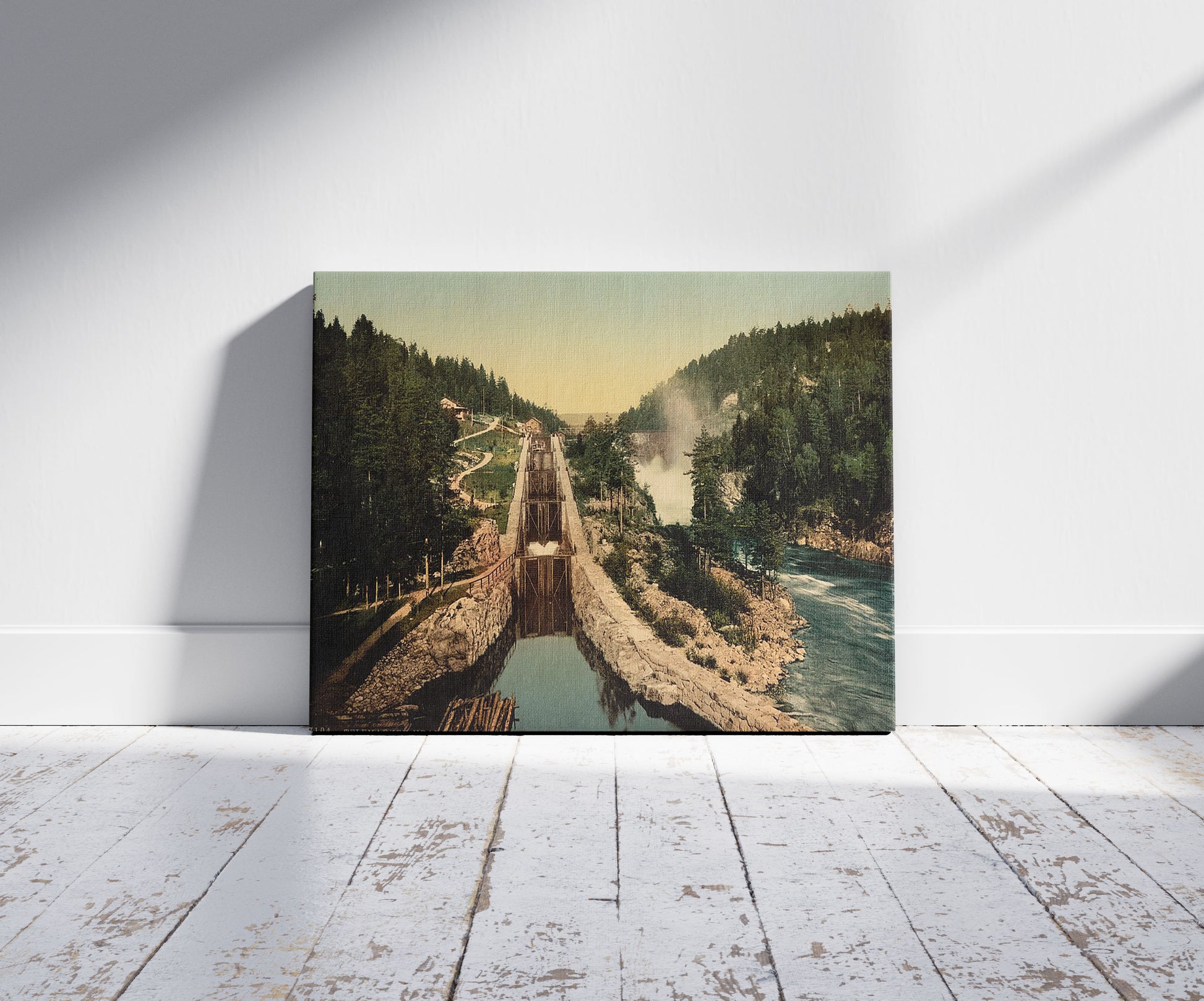 A picture of Vuangfos (i.e., Vrangfoss) Lock, Bandak Canal, Telemarken (i.e, Telemark), Norway, a mockup of the print leaning against a wall