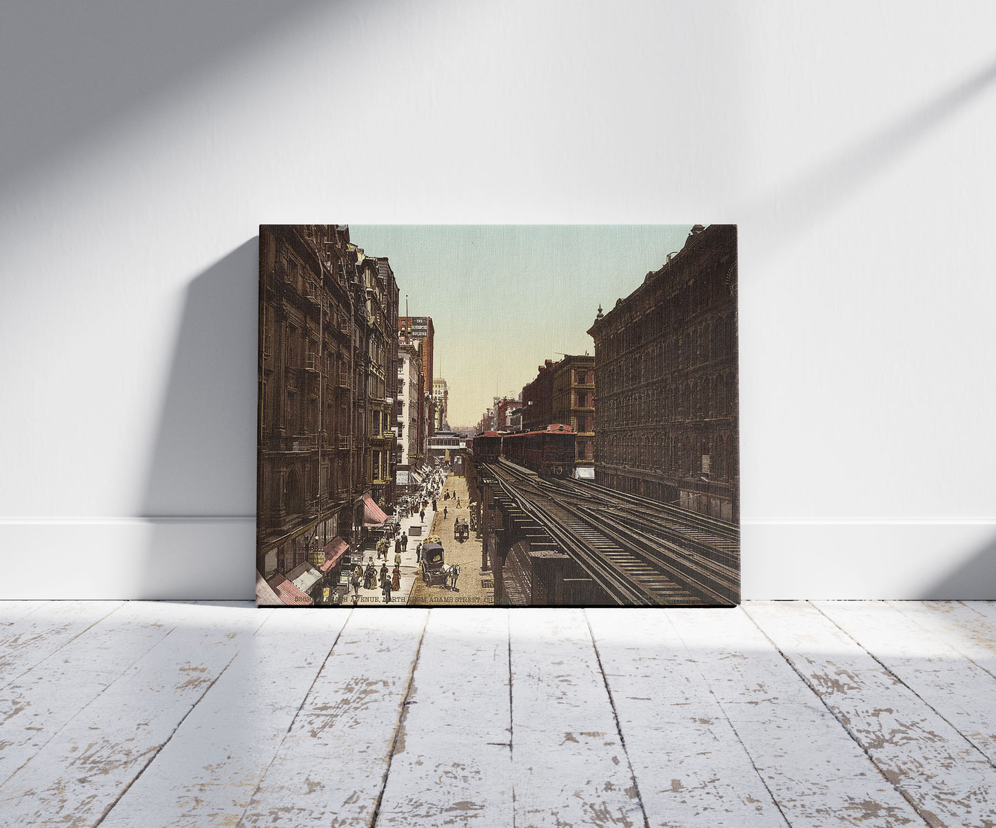 A picture of Wabash Avenue north from Adams Street, Chicago, a mockup of the print leaning against a wall