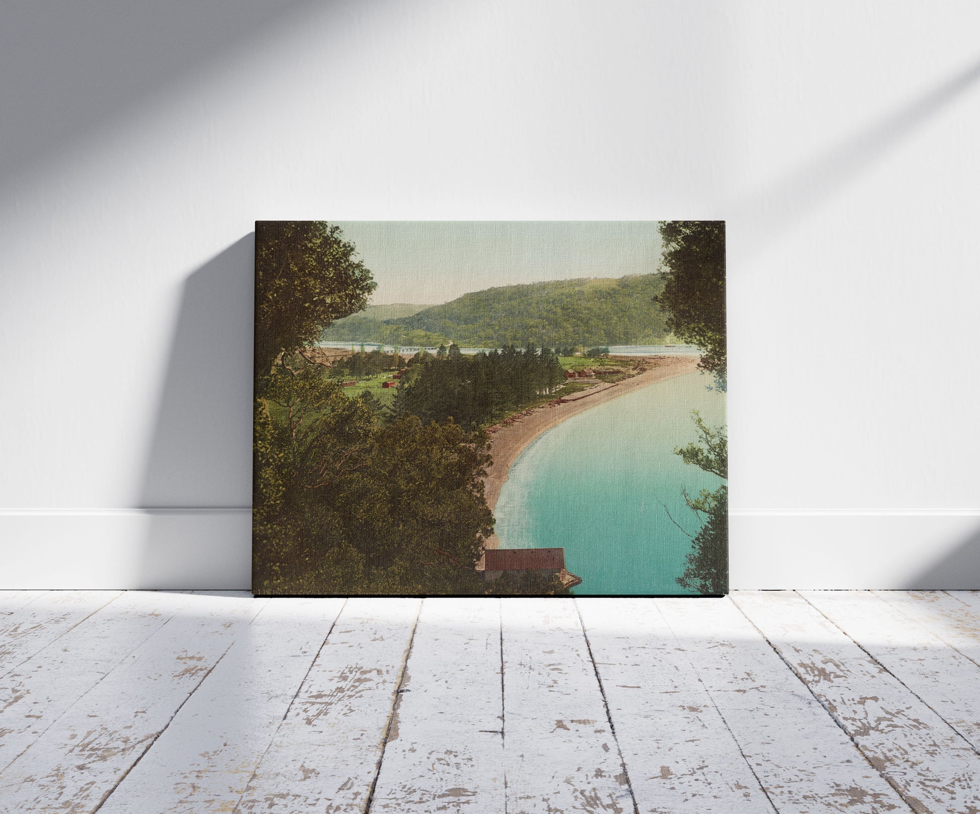 A picture of Waiwera, Near Auckland, a mockup of the print leaning against a wall