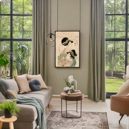 A picture of Wakamatsuya uchi midorigi, a mockup of the print leaning against a wall