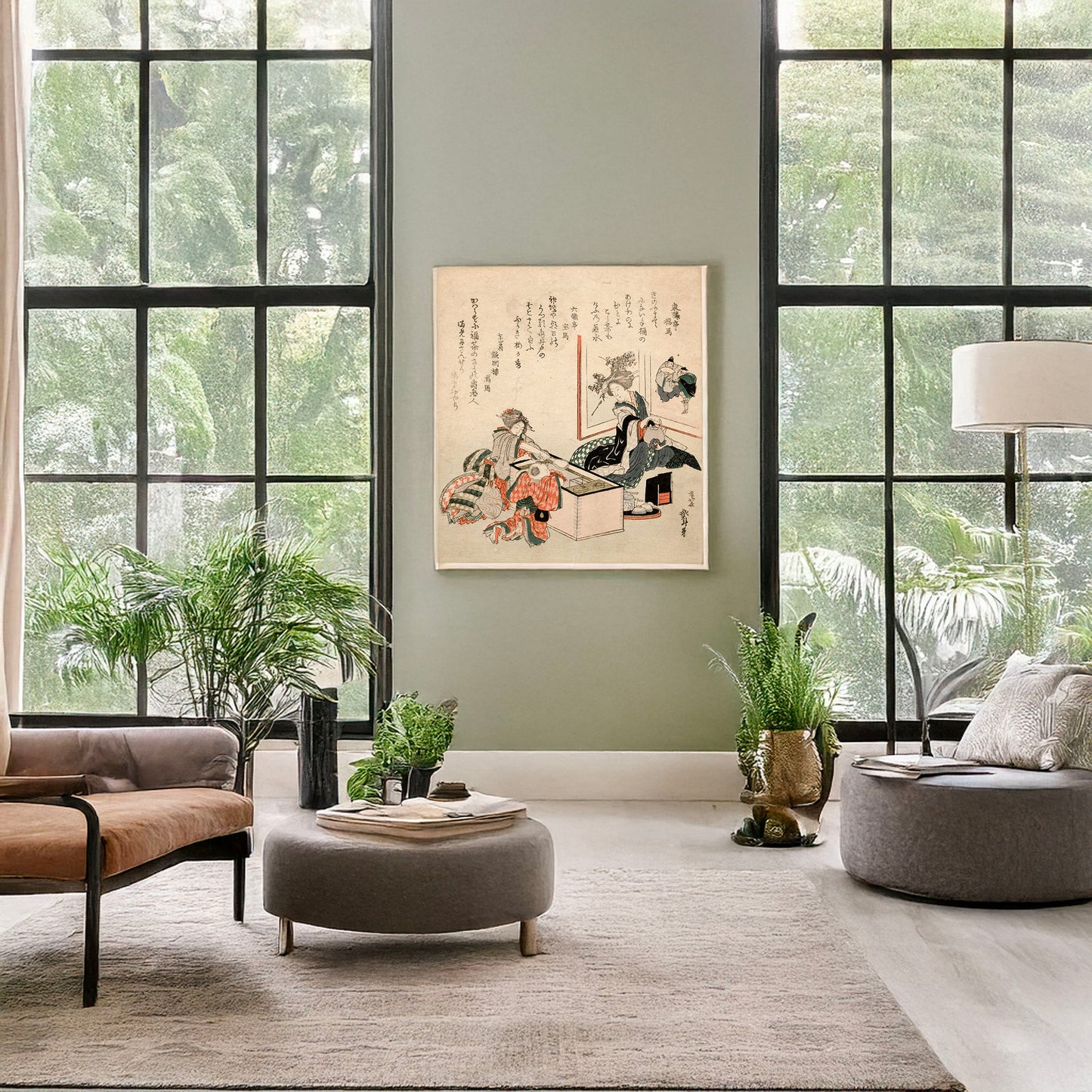 A picture of Wakamizu no fukucha, a mockup of the print leaning against a wall