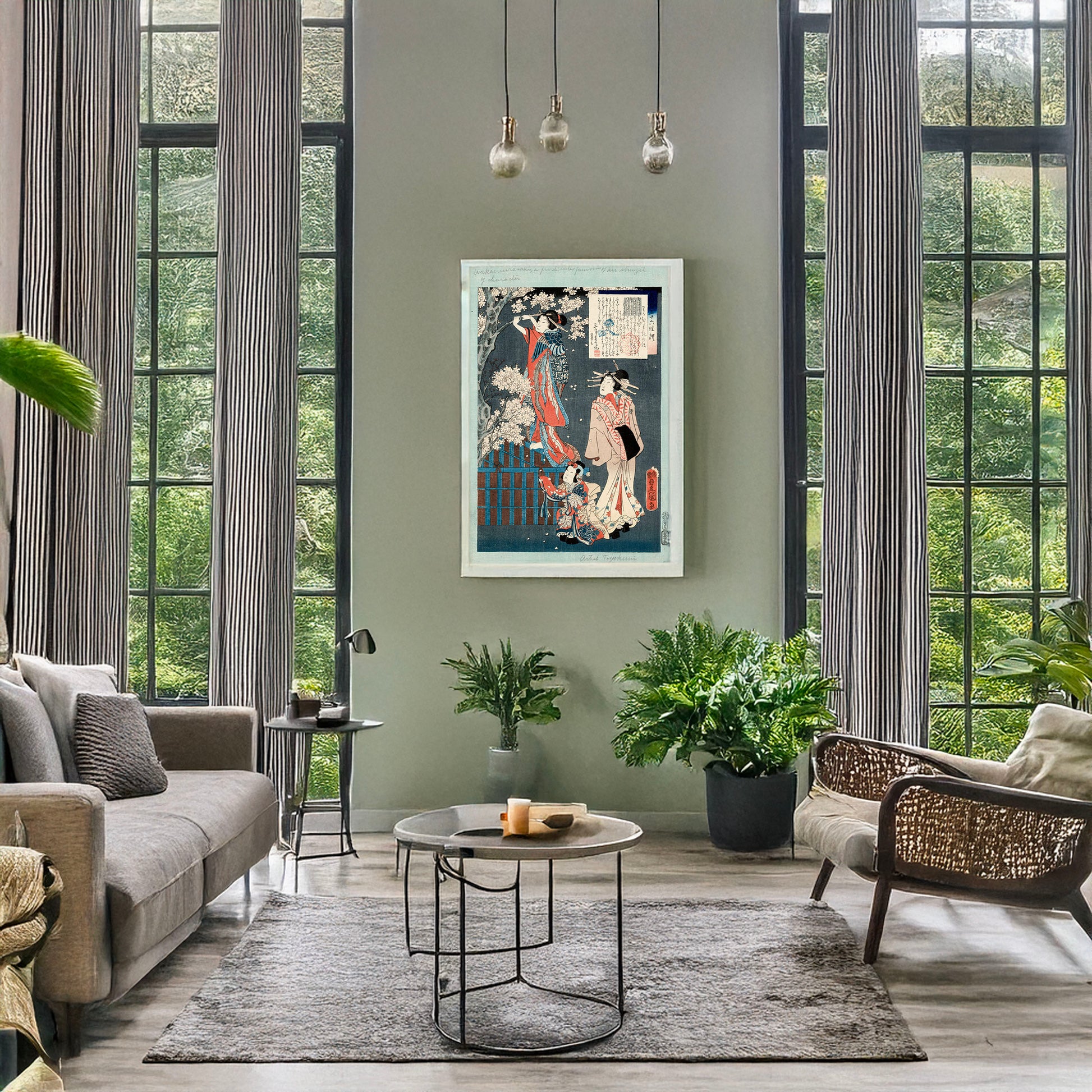 A picture of Wakamurasaki no hanashi, a mockup of the print leaning against a wall
