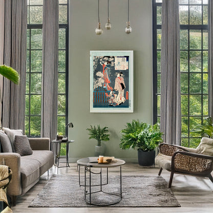 A picture of Wakamurasaki no hanashi, a mockup of the print leaning against a wall