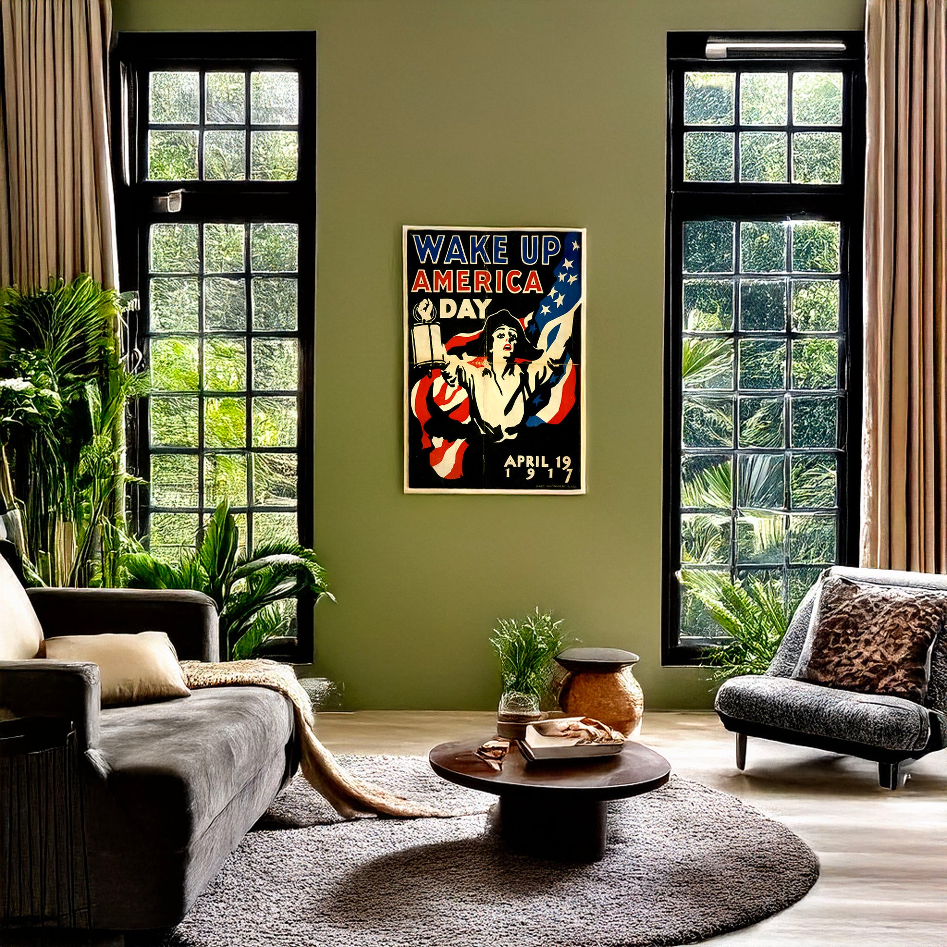 A picture of Wake up America Day - April 19, 1917, a mockup of the print leaning against a wall
