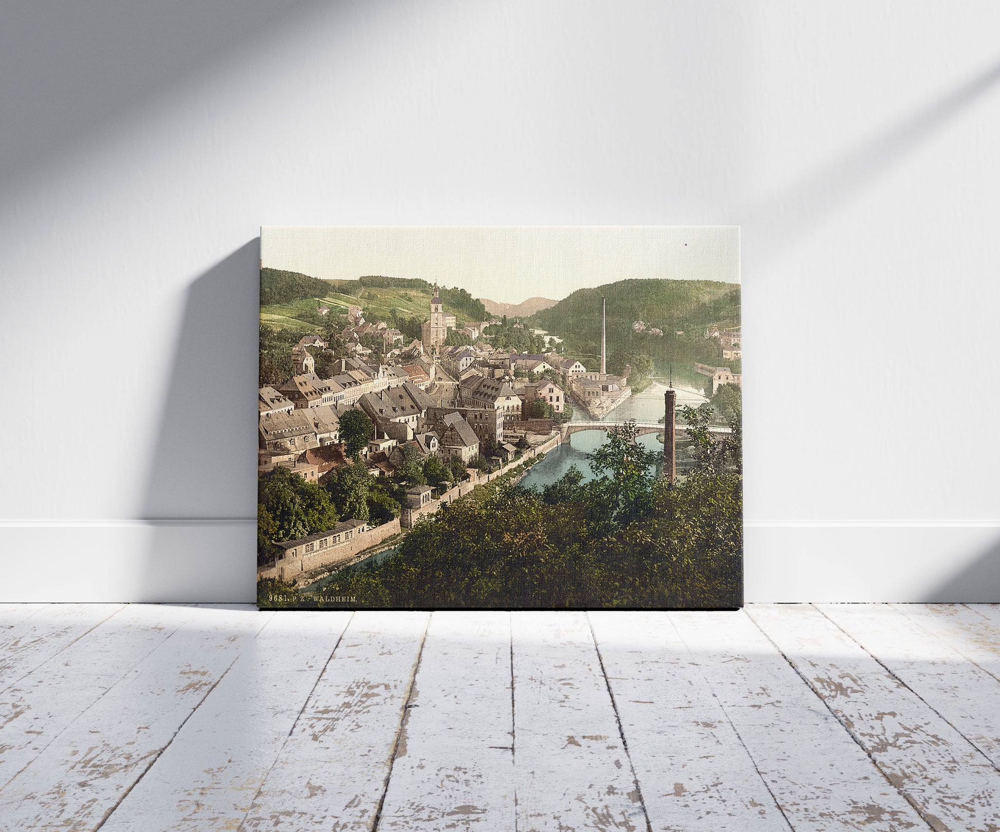A picture of Waldheim from Eichberg, Saxony, Germany, a mockup of the print leaning against a wall