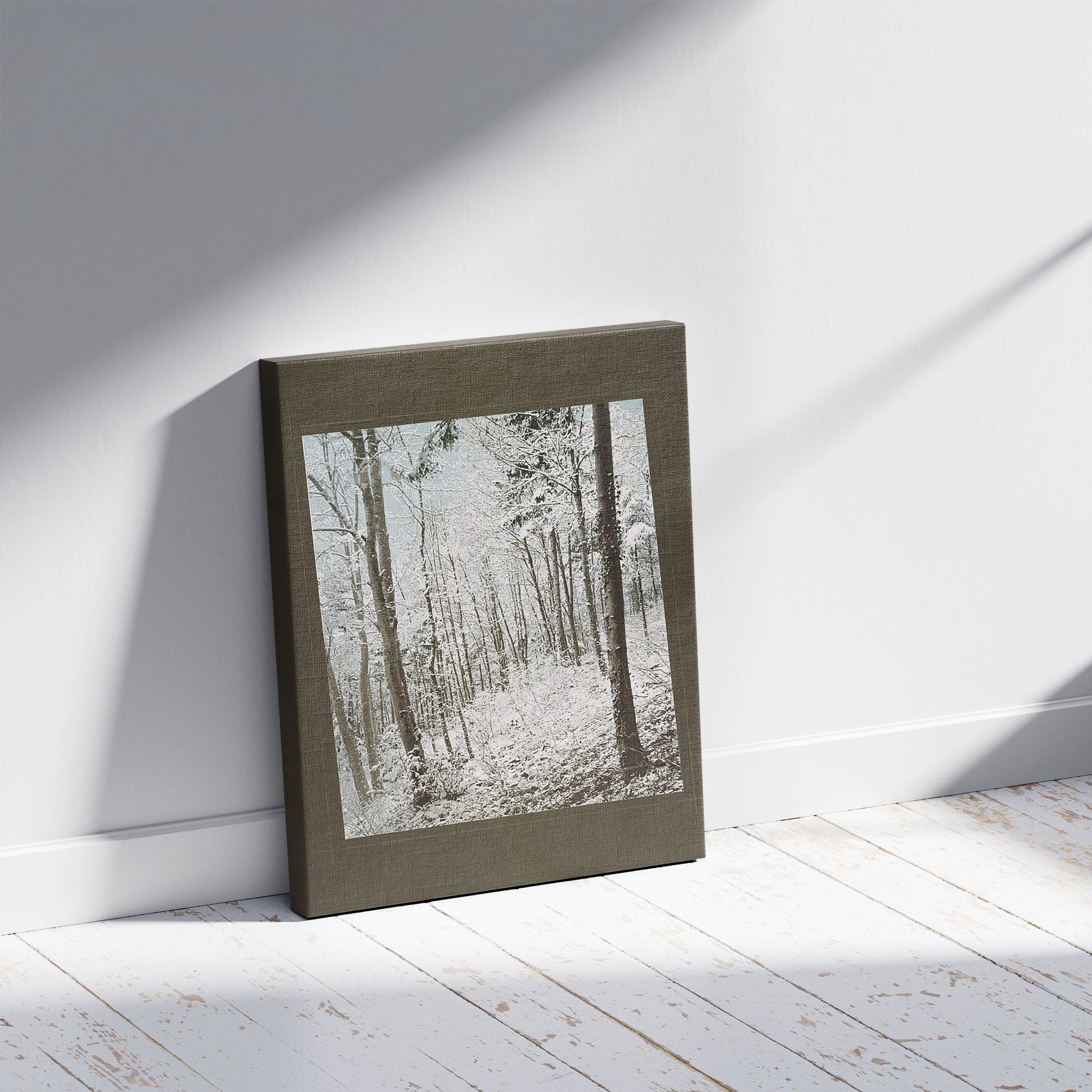 A picture of Waldparthie bei Glarus, no. 3, a mockup of the print leaning against a wall