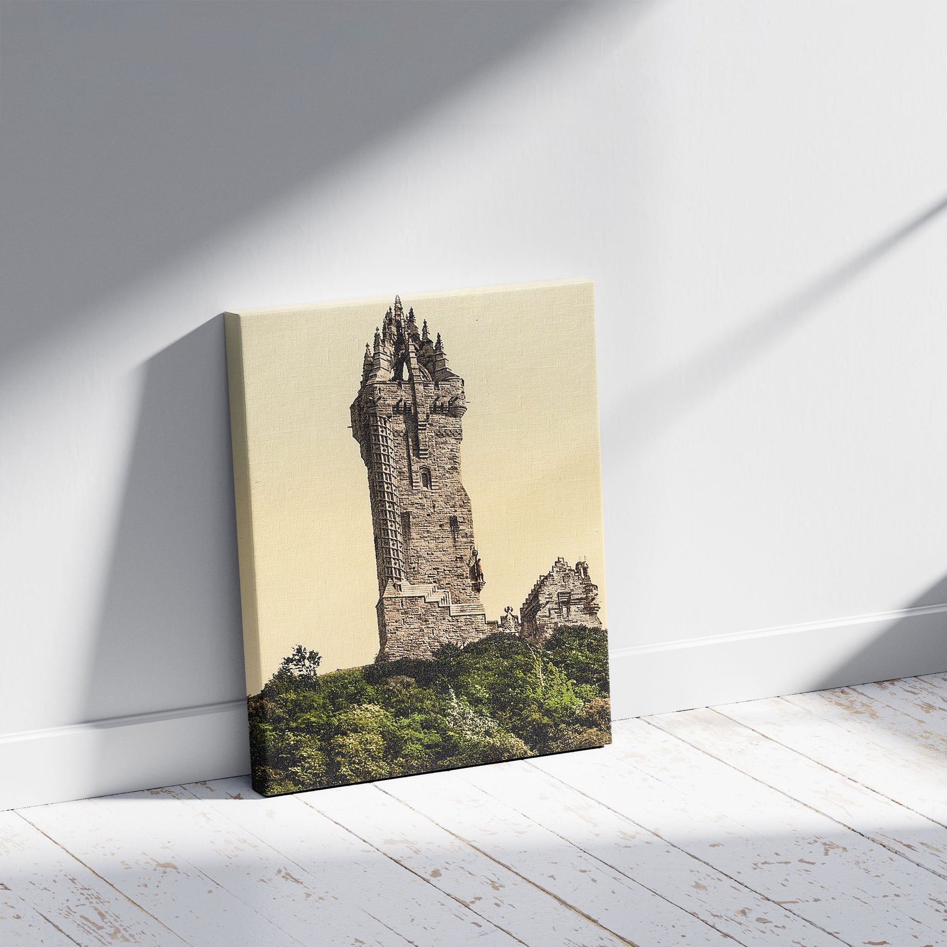 A picture of Wallace Monument, Stirling, Scotland, a mockup of the print leaning against a wall