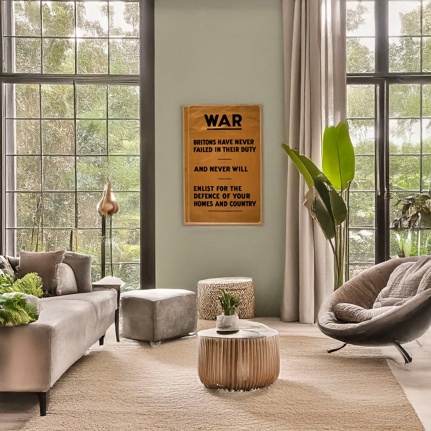A picture of War. Britons have never failed in their duty and never will. Enlist for the defence of your homes and country, a mockup of the print leaning against a wall