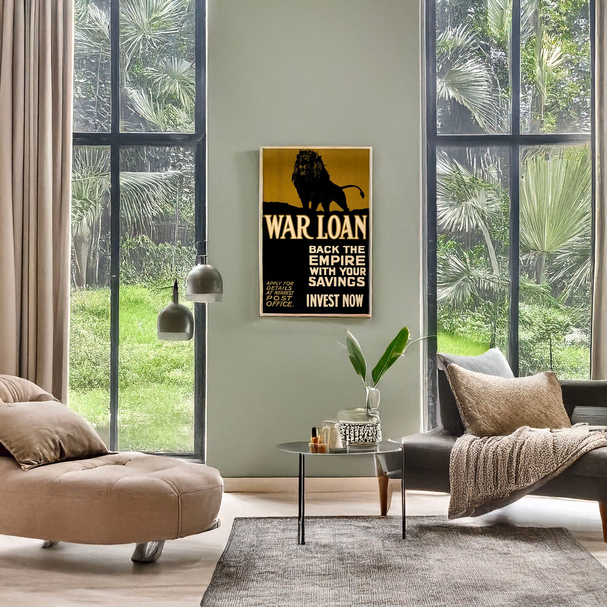 A picture of War loan. Back the empire with your savings. Invest now, a mockup of the print leaning against a wall