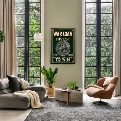 A picture of War loan. Invest five shillings and help your country to win, a mockup of the print leaning against a wall