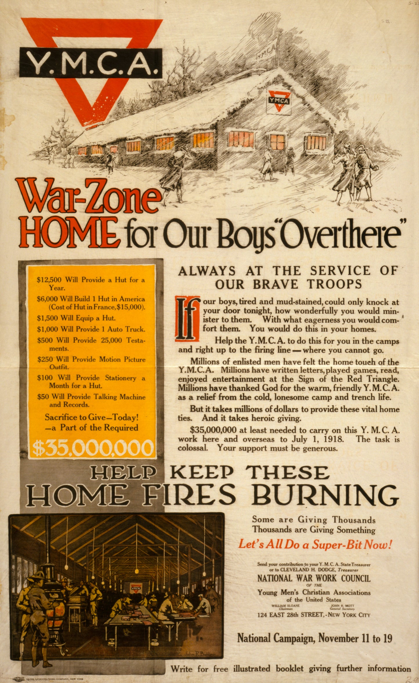A picture of War-zone home for our boys "over there"--Always at the service of our brave troops Help keep these home fires burning--Some are giving thousands, thousands are giving something--Let's all do a super-bit now! /