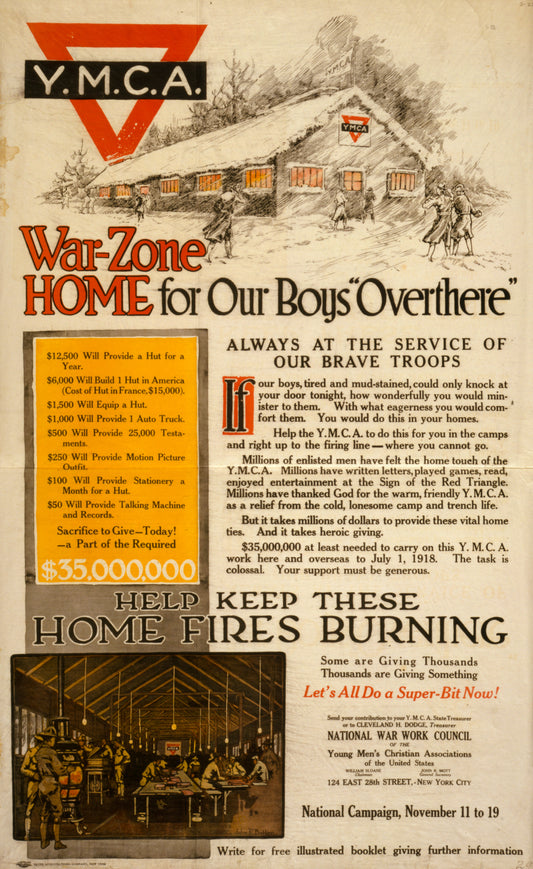 A picture of War-zone home for our boys "over there"--Always at the service of our brave troops Help keep these home fires burning--Some are giving thousands, thousands are giving something--Let's all do a super-bit now! /