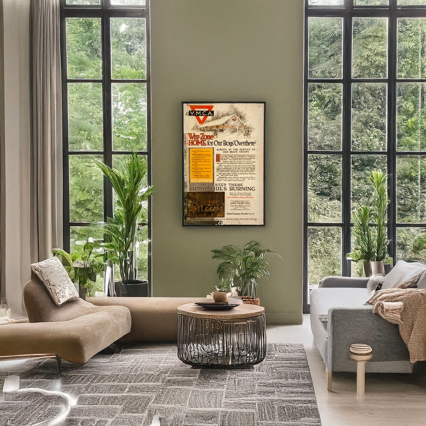A picture of War-zone home for our boys "over there"--Always at the service of our brave troops Help keep these home fires burning--Some are giving thousands, thousands are giving something--Let's all do a super-bit now! /, a mockup of the print leaning against a wall
