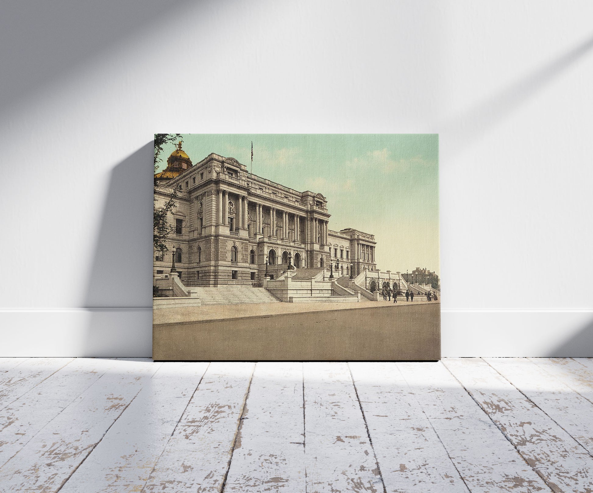 A picture of Washington. West façade Library of Congress, a mockup of the print leaning against a wall