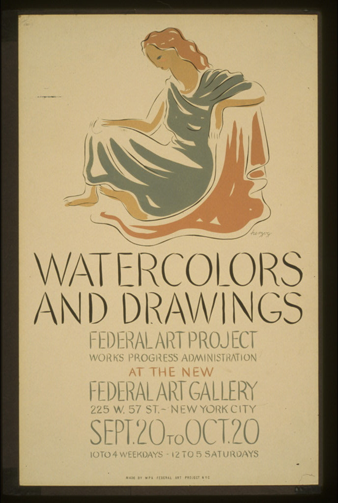 A picture of Watercolors and drawings, Federal Art Project, Works Progress Administration, at the new Federal Art Gallery
