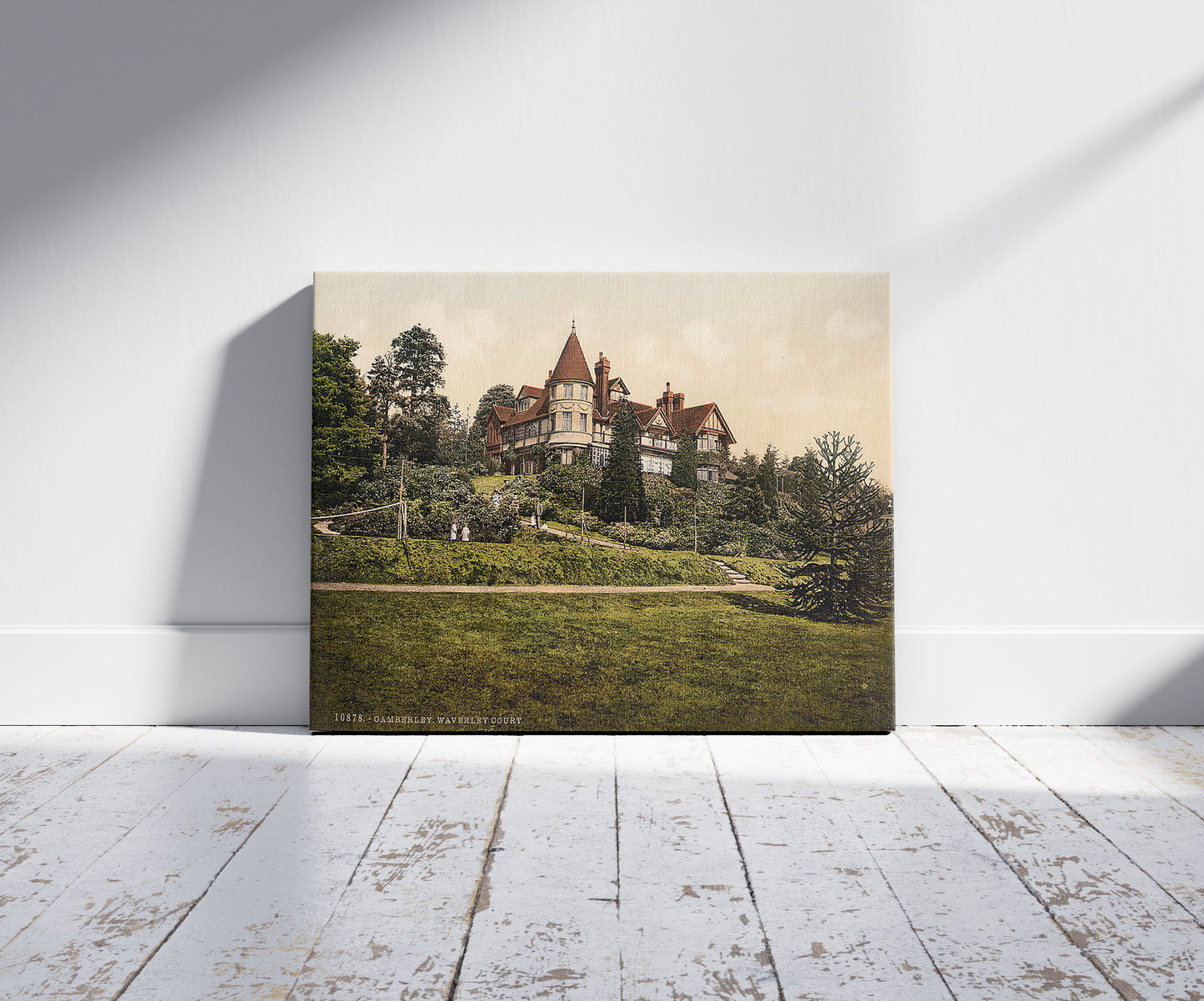 A picture of Waverley Court, Camberley, England, a mockup of the print leaning against a wall