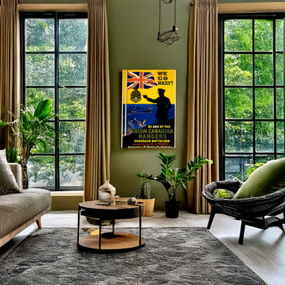 A picture of We go next! Irish Canadian Rangers..., a mockup of the print leaning against a wall