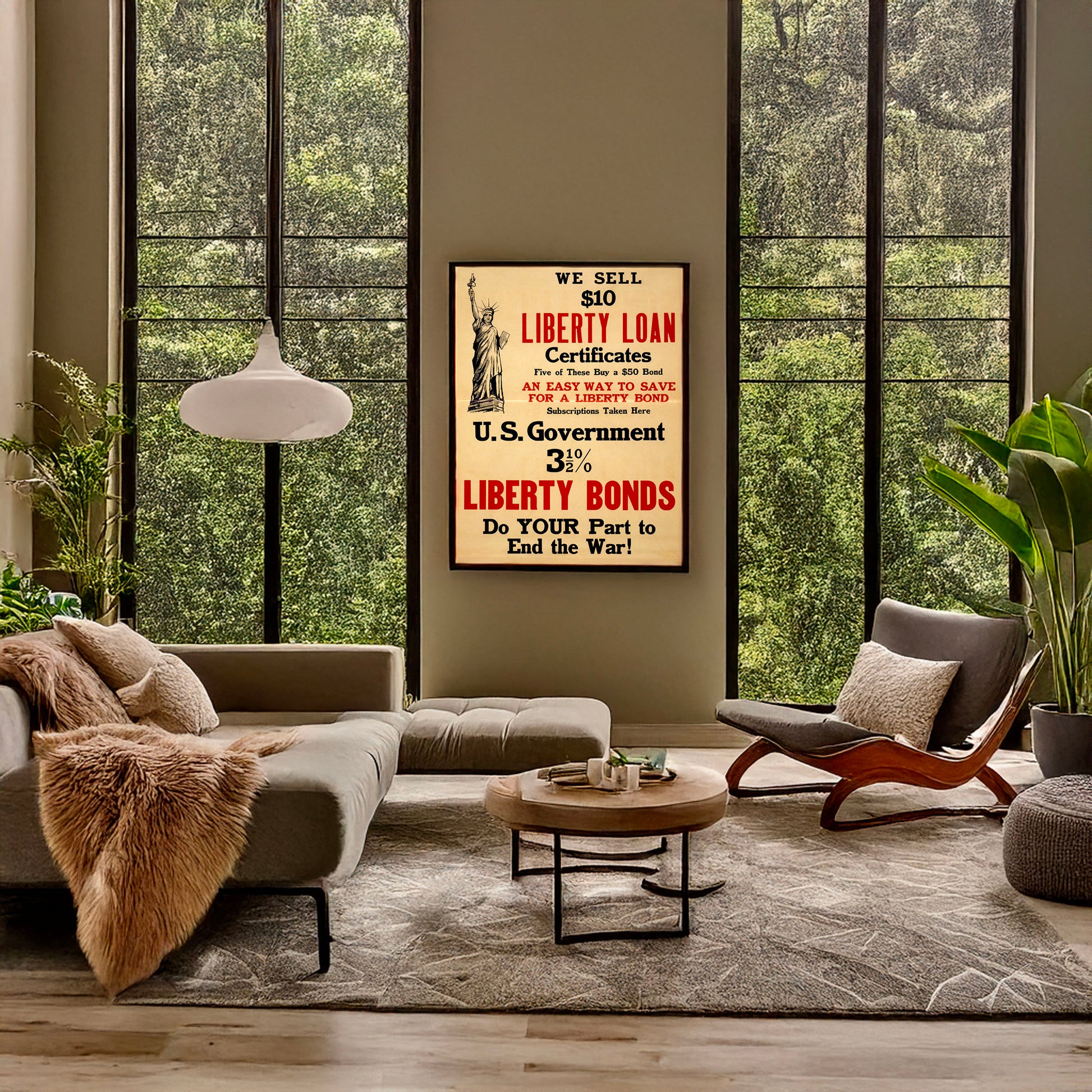 A picture of We sell $10 Liberty Loan certificates ... Liberty Bonds - do your part to end the war!, a mockup of the print leaning against a wall