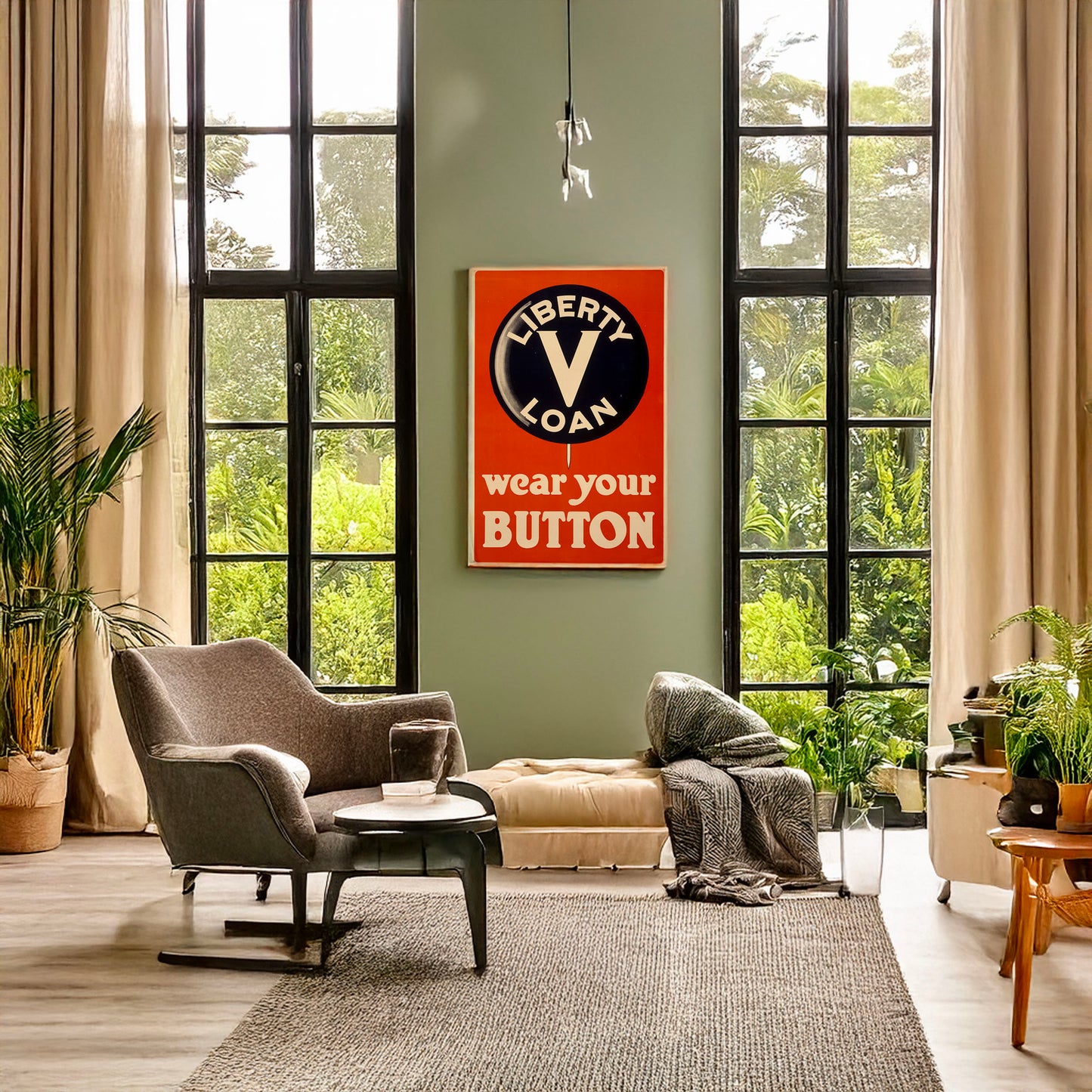 A picture of Wear your button, a mockup of the print leaning against a wall