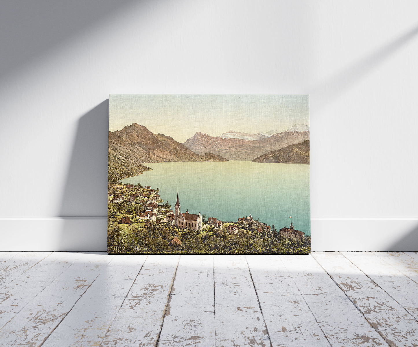 A picture of Weggis, Rigi, Switzerland, a mockup of the print leaning against a wall