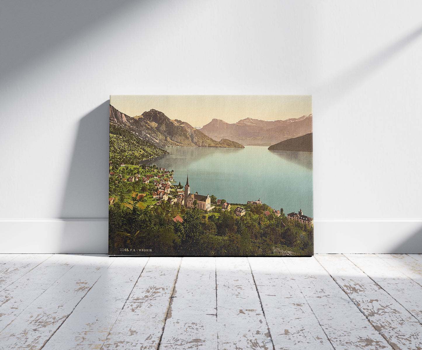 A picture of Weggis, Rigi, Switzerland, a mockup of the print leaning against a wall