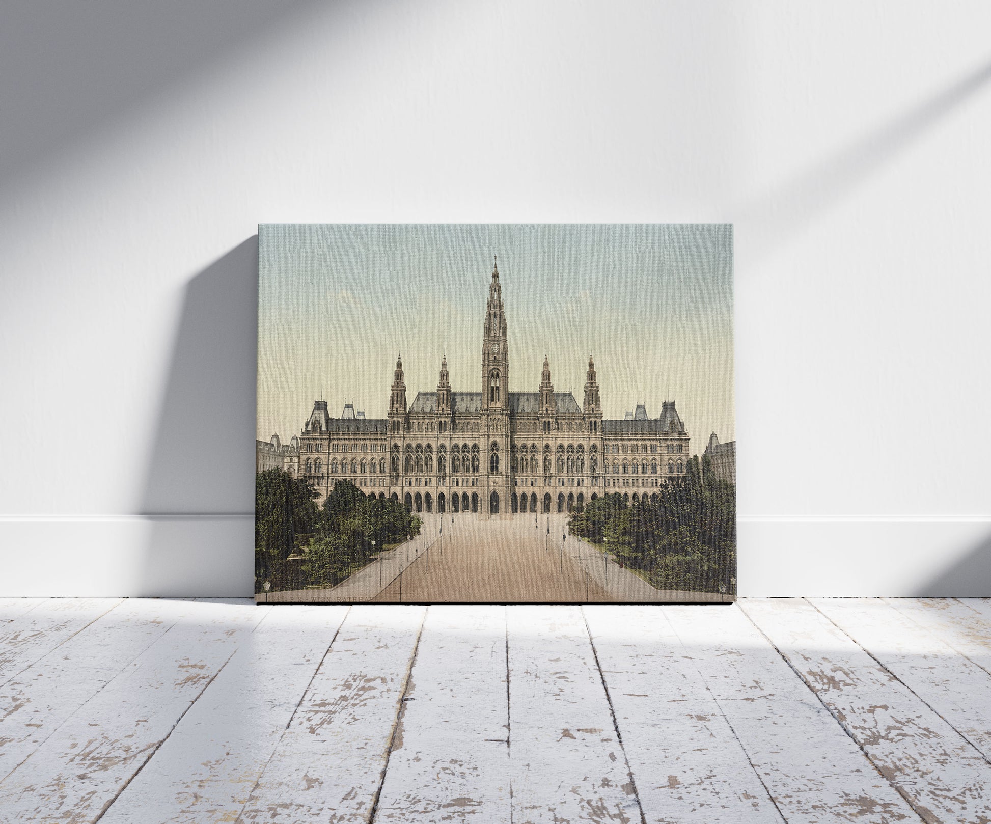 A picture of Wein. Rathhaus, a mockup of the print leaning against a wall