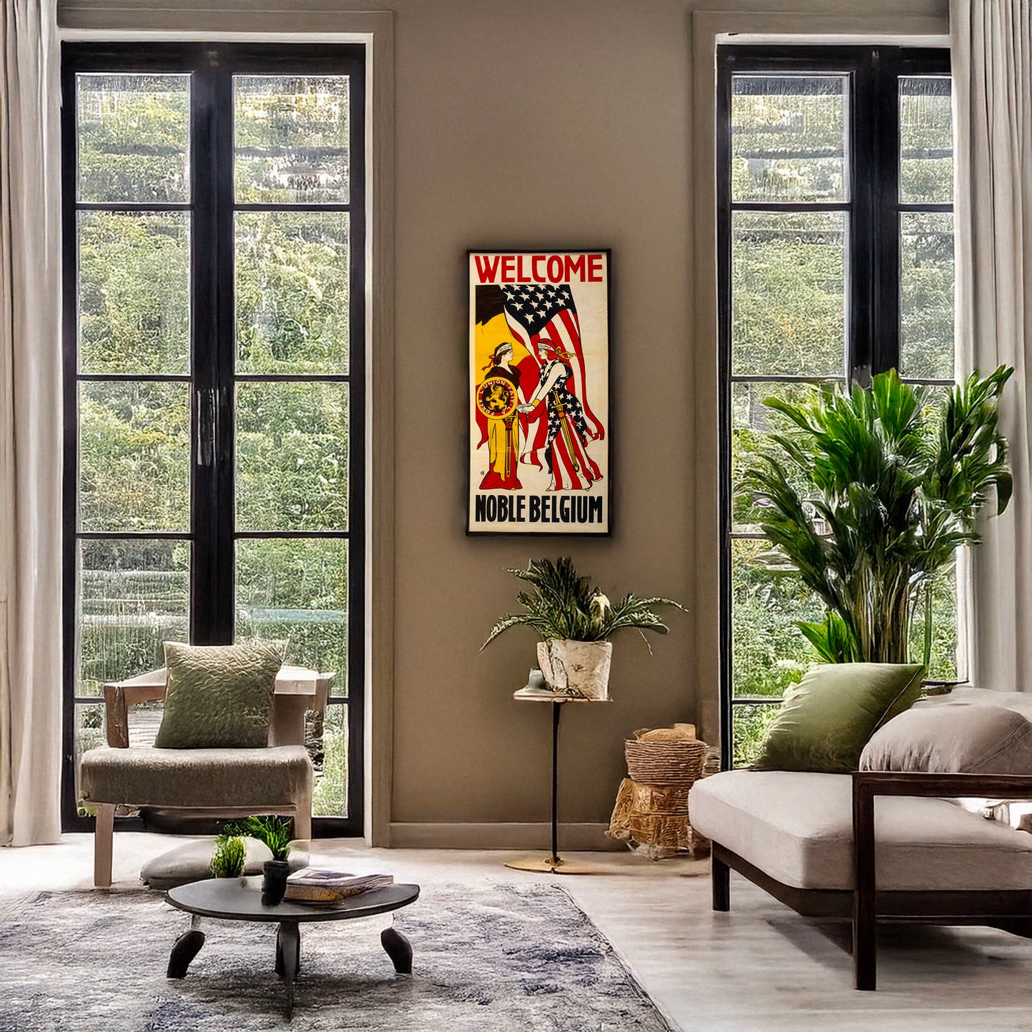 A picture of Welcome noble Belgium, a mockup of the print leaning against a wall