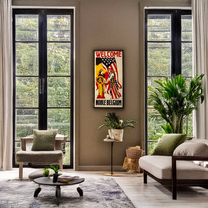 A picture of Welcome noble Belgium, a mockup of the print leaning against a wall