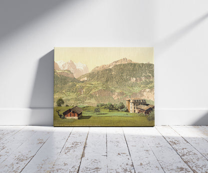 A picture of Well and Wetterhorn, with Hotel Alpbach, Bernese Oberland, Switzerland, a mockup of the print leaning against a wall