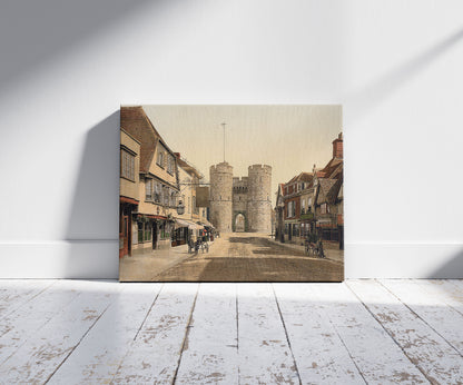 A picture of West Gate, Canterbury, England, a mockup of the print leaning against a wall