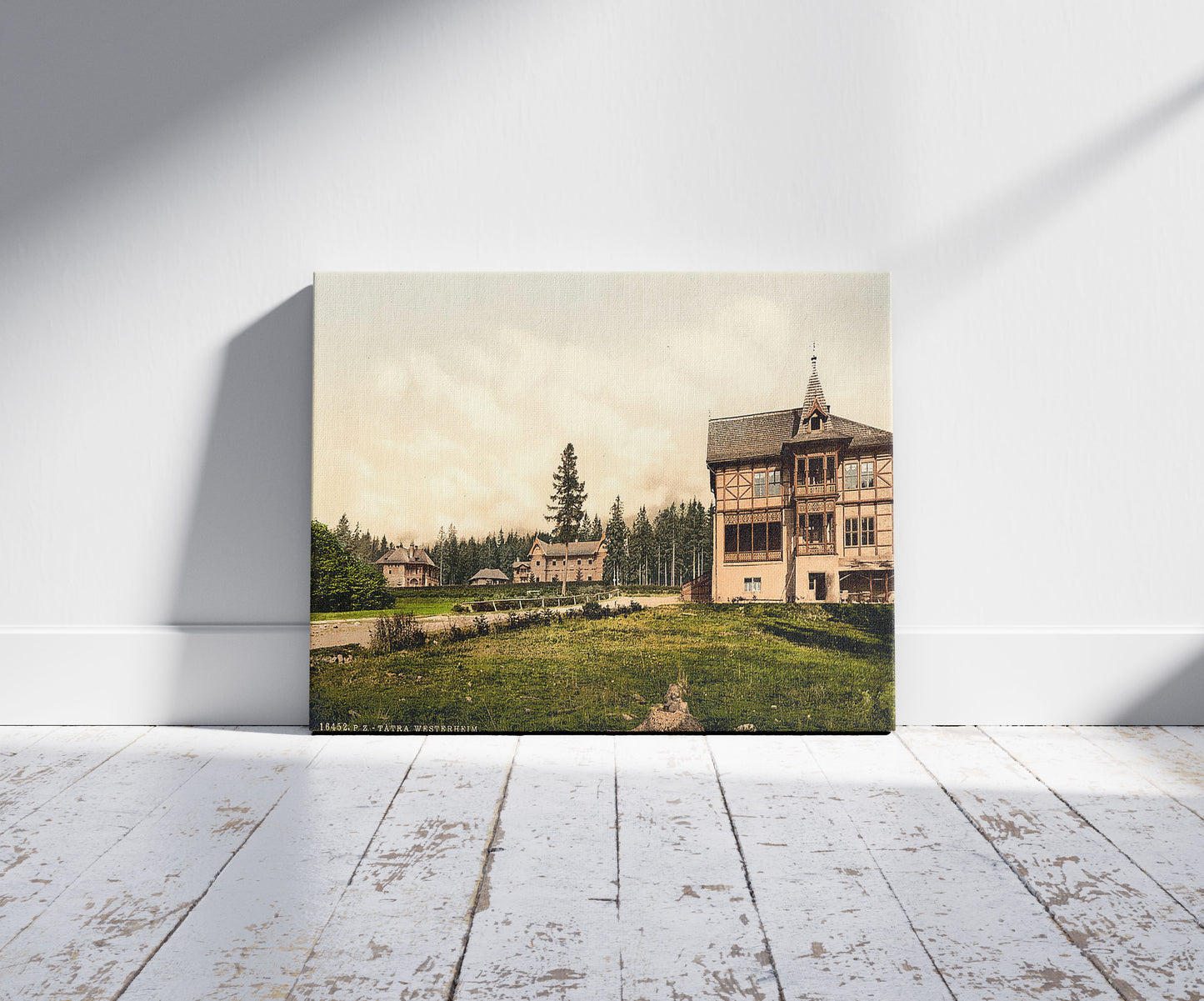 A picture of Westerheim (i.e., Weszterheim), Tatra, Austro-Hungary, a mockup of the print leaning against a wall