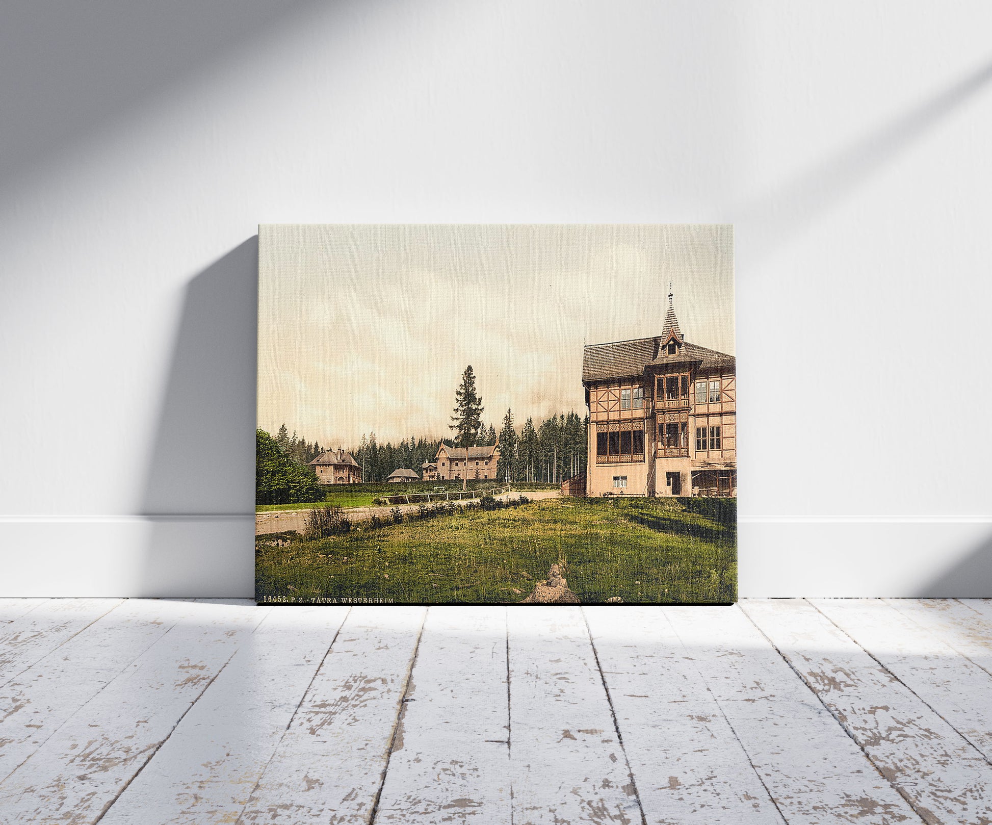 A picture of Westerheim (i.e., Weszterheim), Tatra, Austro-Hungary, a mockup of the print leaning against a wall