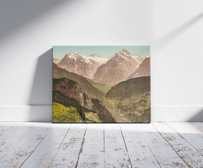 A picture of Wetterhorn and Schreckhorn, from Schynige Platte, Bernese Oberland, Switzerland, a mockup of the print leaning against a wall