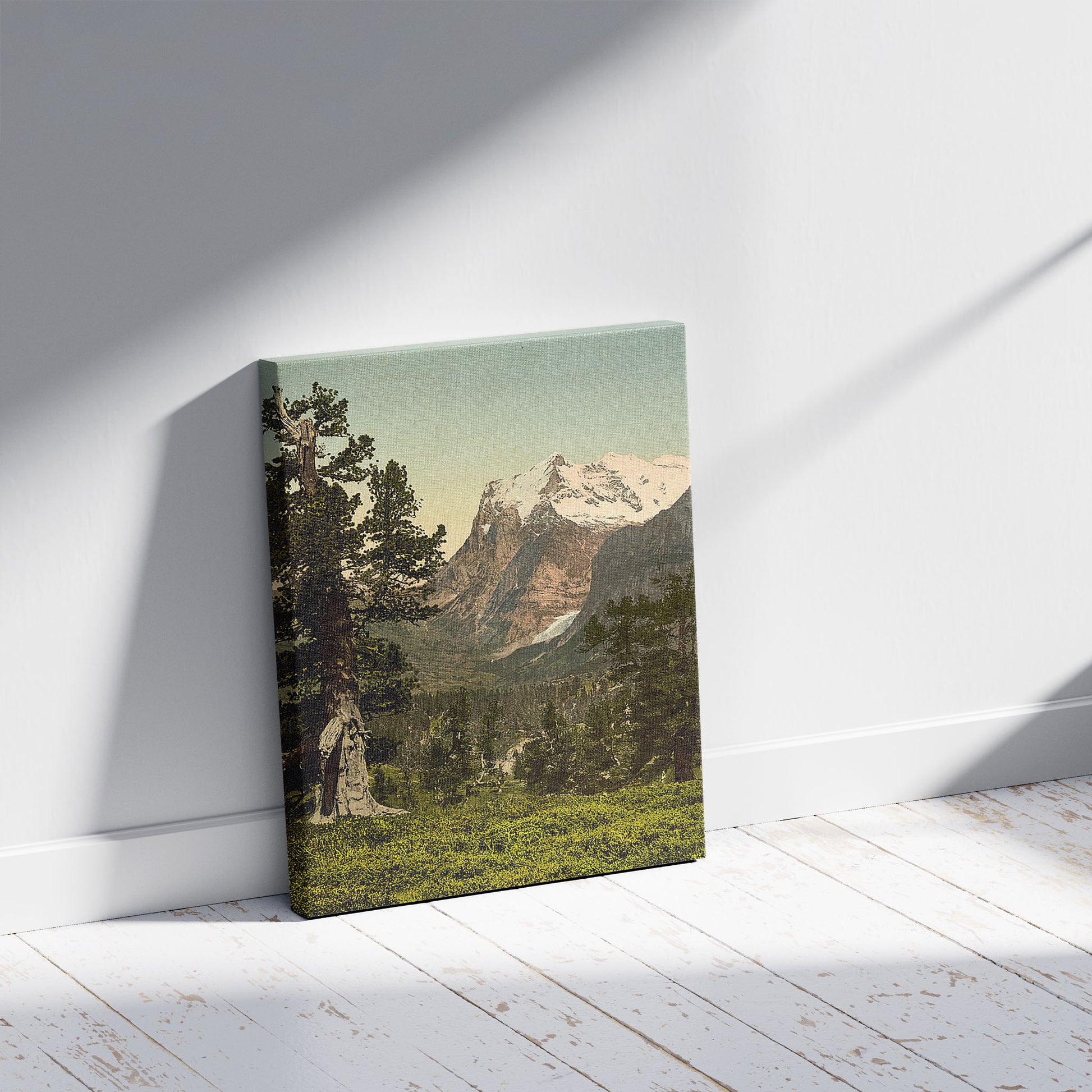 A picture of Wetterhorn, general view, Bernese Oberland, Switzerland, a mockup of the print leaning against a wall