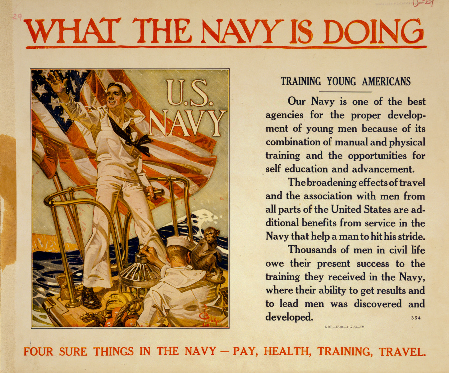 A picture of What the Navy is doing - Training young Americans Four sure things in the Navy - pay, health, training, travel /