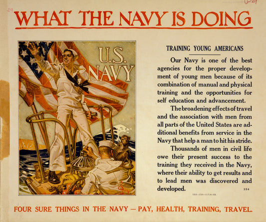 A picture of What the Navy is doing - Training young Americans Four sure things in the Navy - pay, health, training, travel /