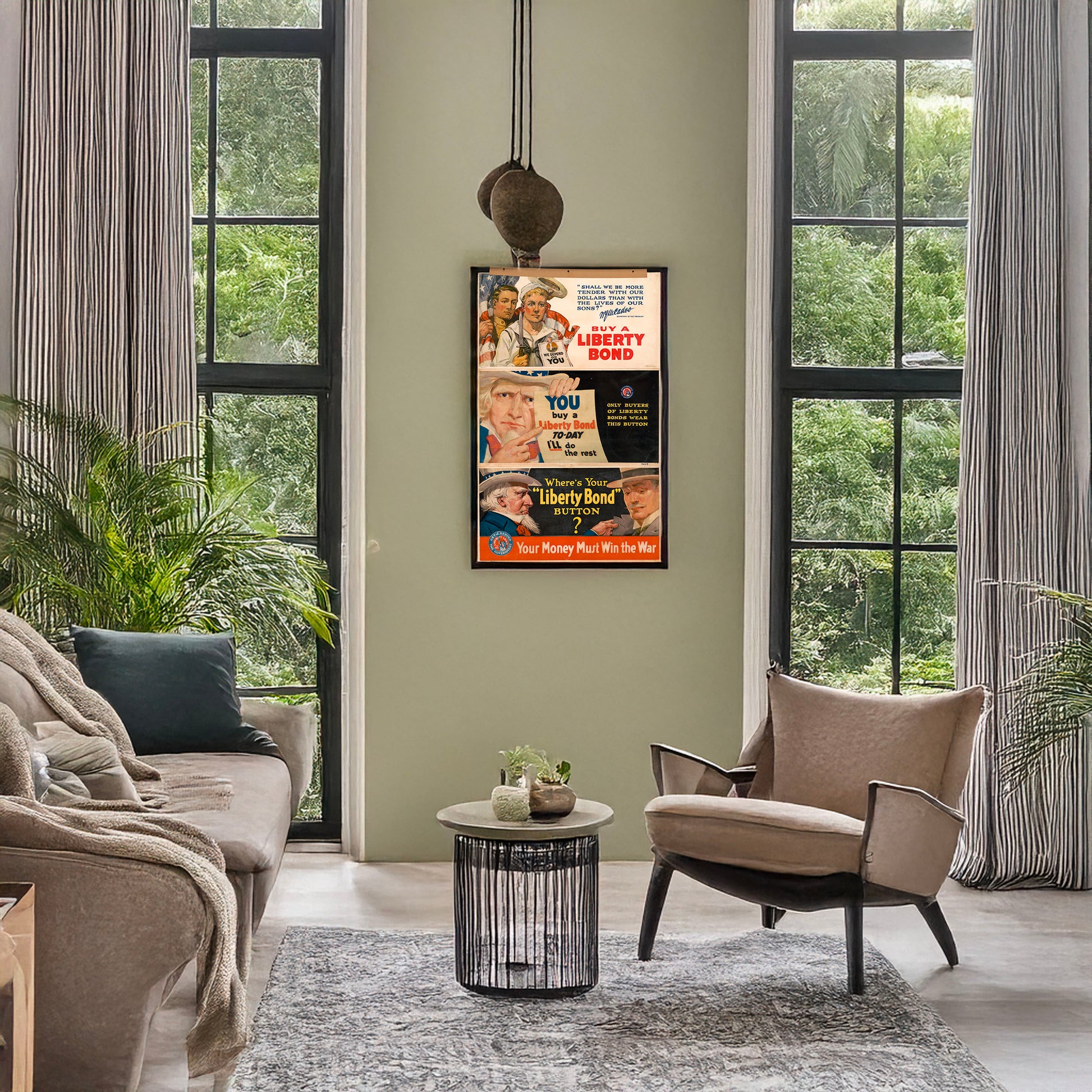 A picture of Where's your "Liberty Bond" button? Your money must win the war, a mockup of the print leaning against a wall