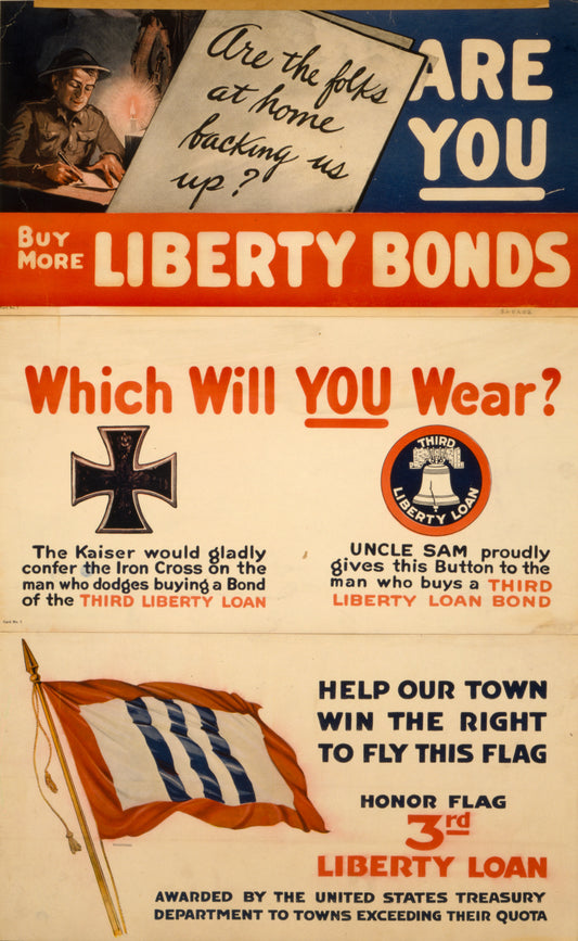 A picture of Which will you wear? The Kaiser would gladly confer the Iron Cross on the man who dodges buying a bond of the Third Liberty Loan. Uncle Sam proudly gives this button to the man who buys a Third Liberty Loan bond