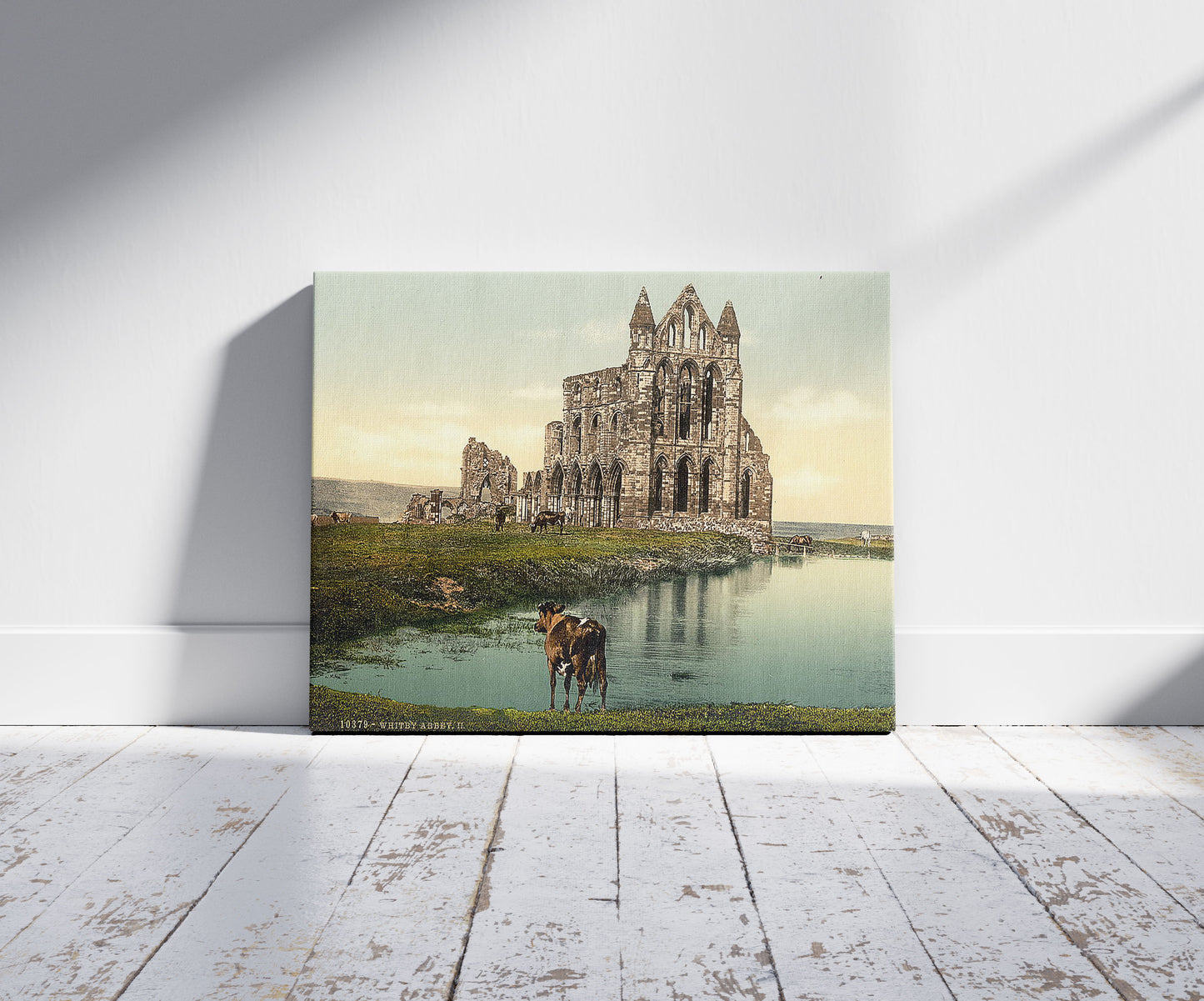 A picture of Whitby, the abbey, II., Yorkshire, England, a mockup of the print leaning against a wall