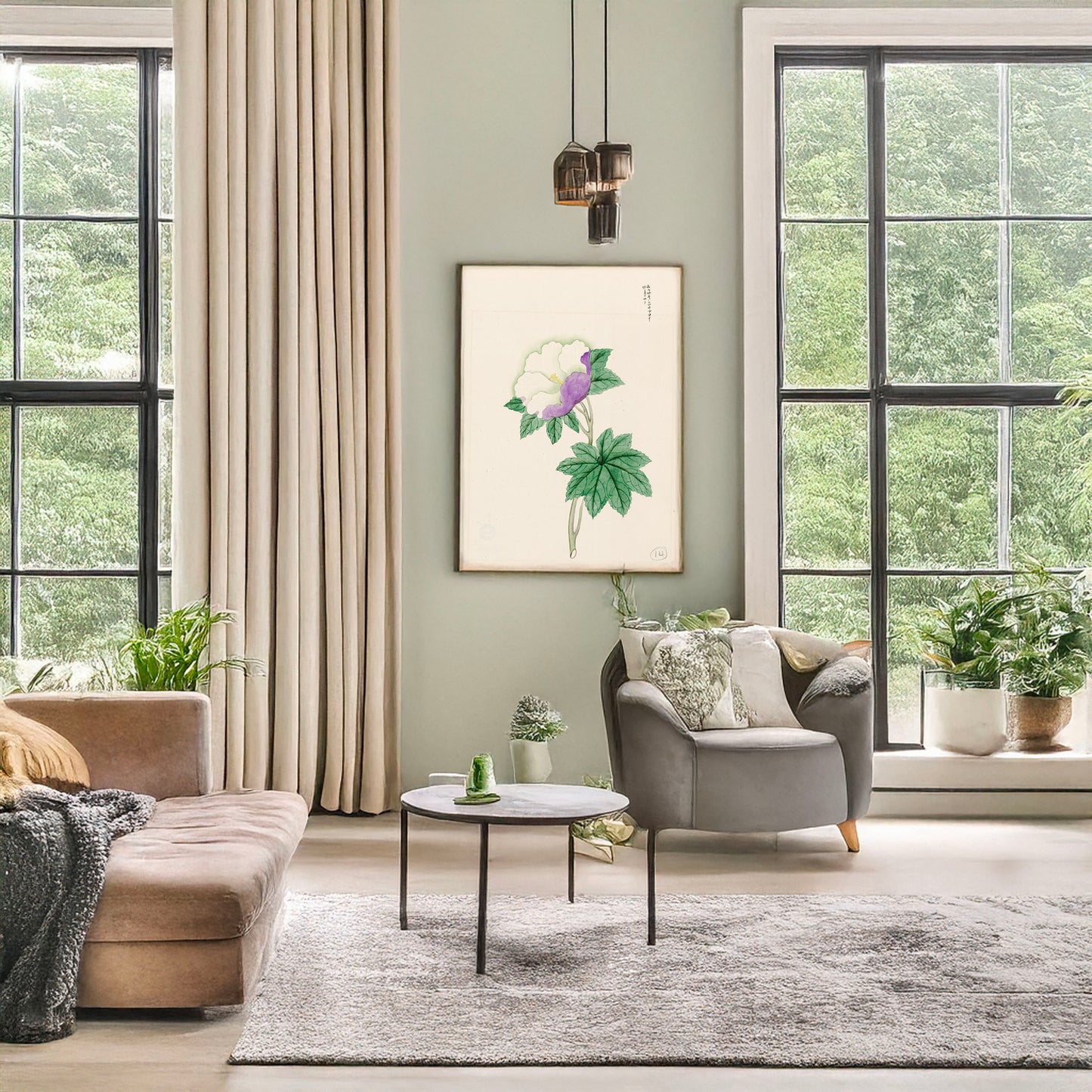 A picture of White and purple flower on stem with green leaves, a mockup of the print leaning against a wall