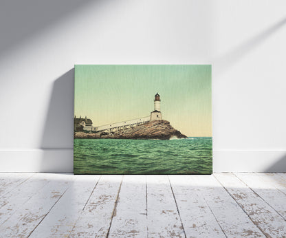 A picture of White Island Light, Isles of Shoals, N.H., a mockup of the print leaning against a wall