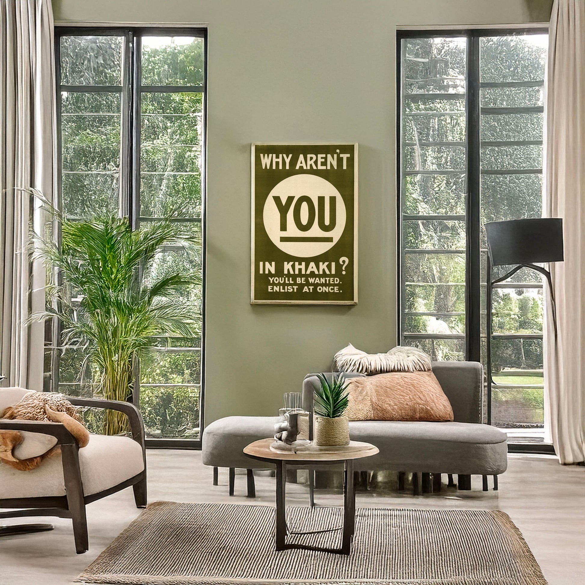 A picture of Why aren't you in khaki? You'll be wanted. Enlist at once, a mockup of the print leaning against a wall