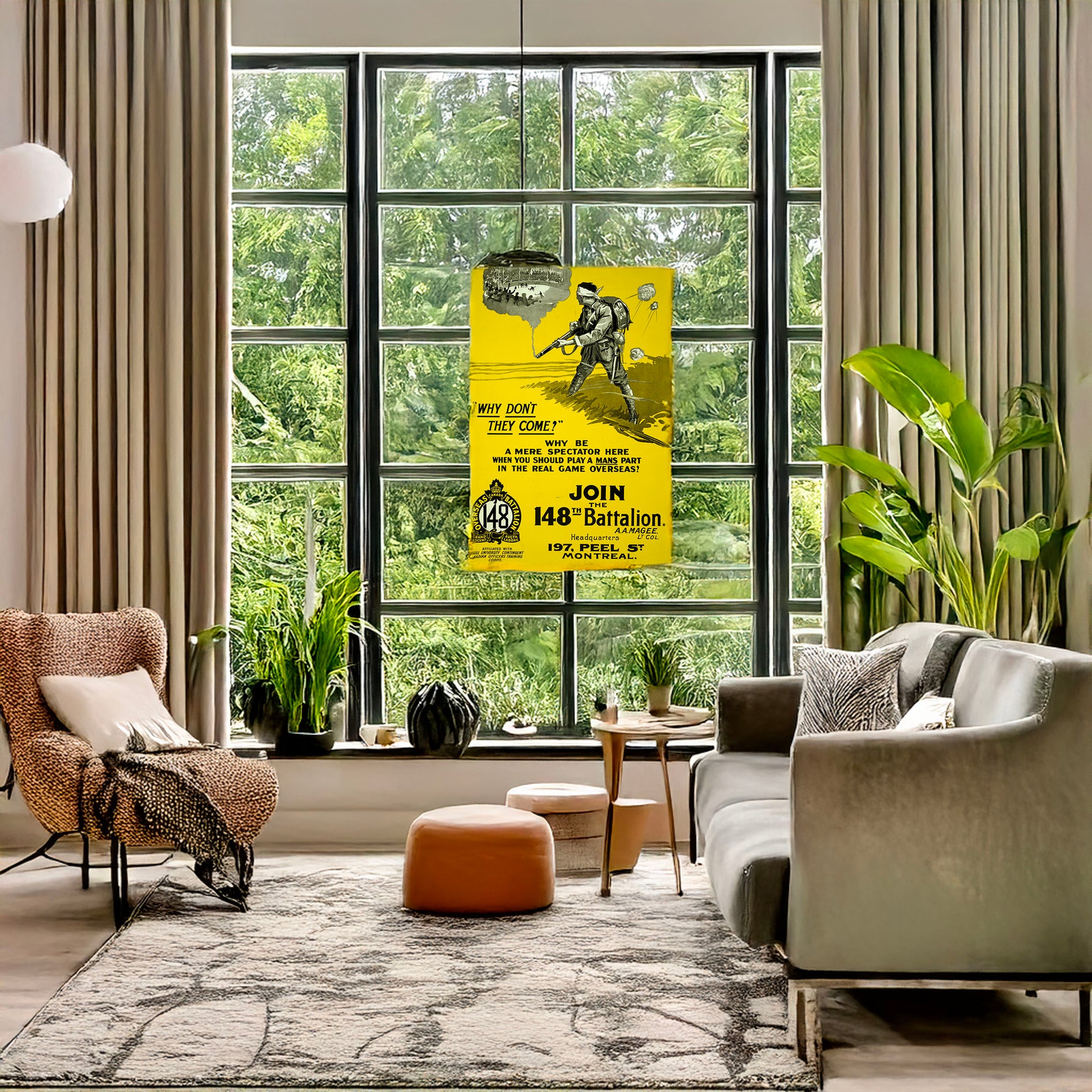 A picture of Why don't they come? ... join the 148th Battalion, a mockup of the print leaning against a wall
