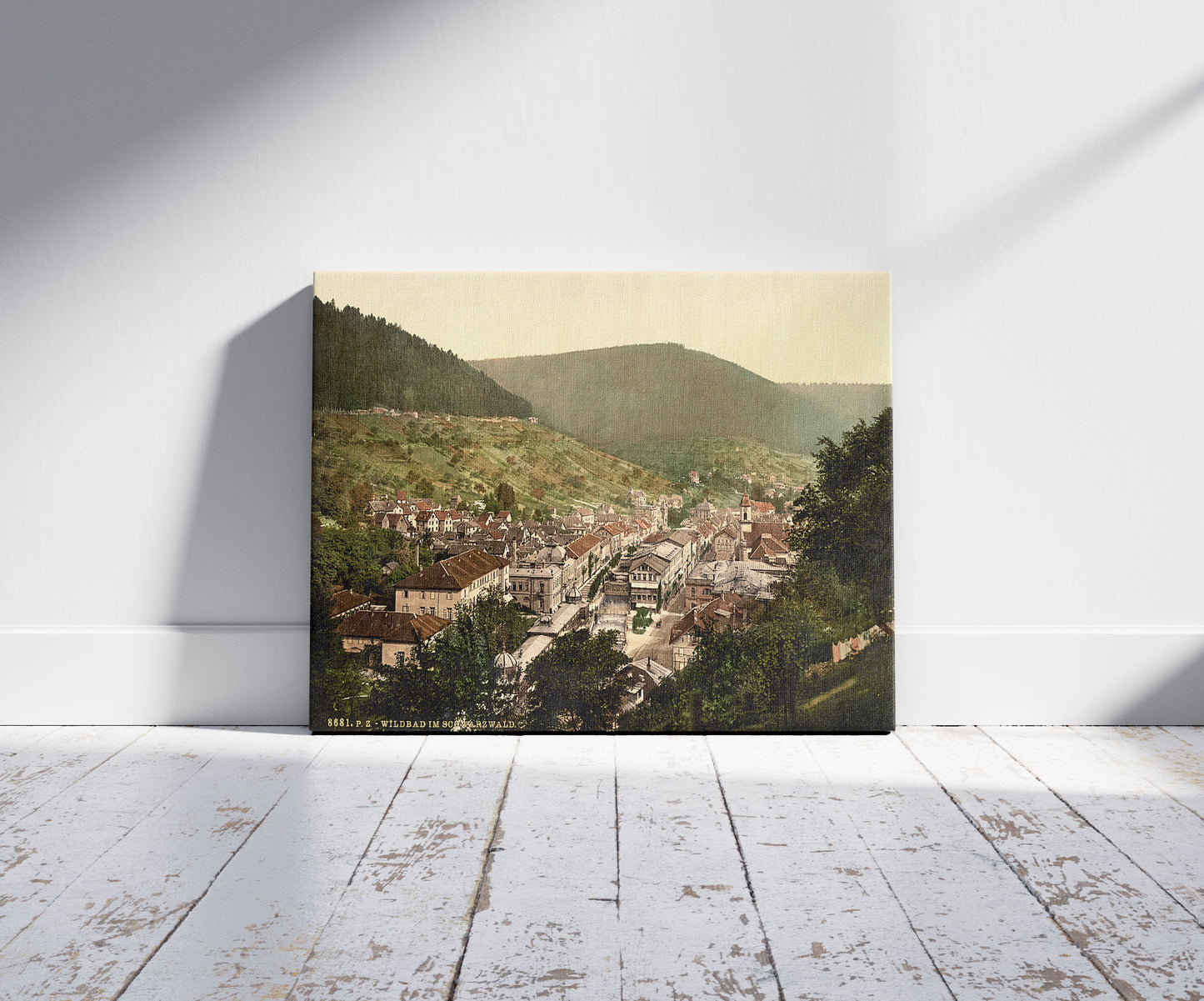 A picture of Wildbad, Wurtemburg, Germany, a mockup of the print leaning against a wall