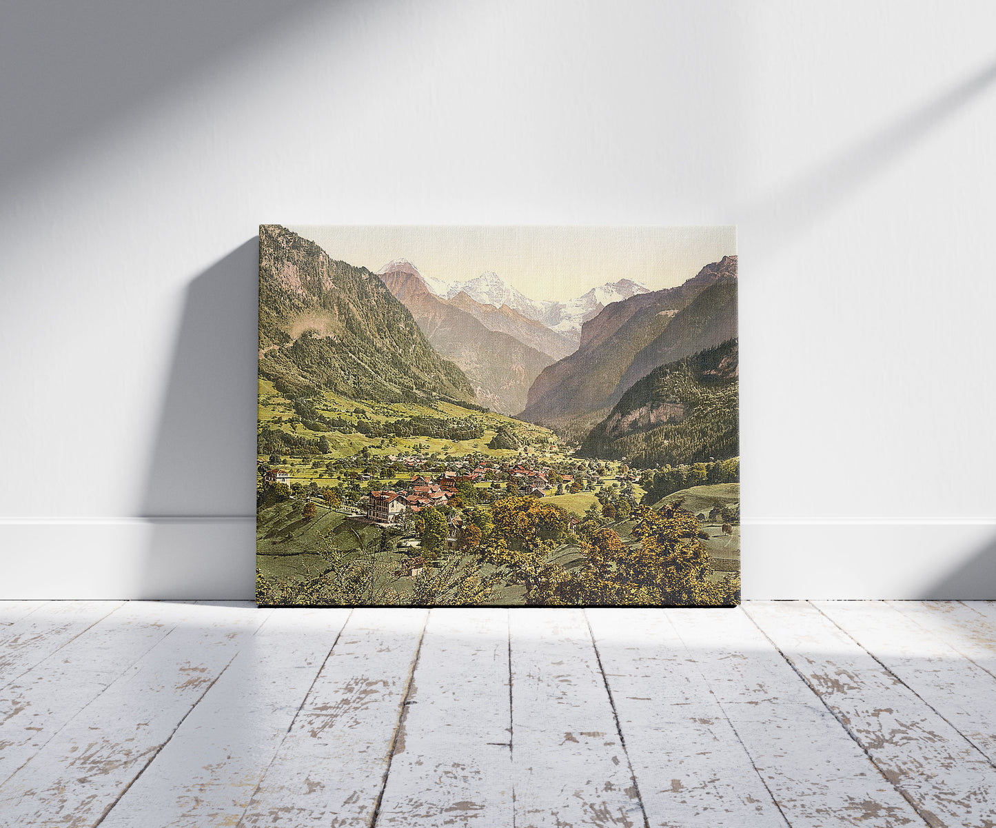 A picture of Wilderswyl, Bernese Oberland, Switzerland, a mockup of the print leaning against a wall