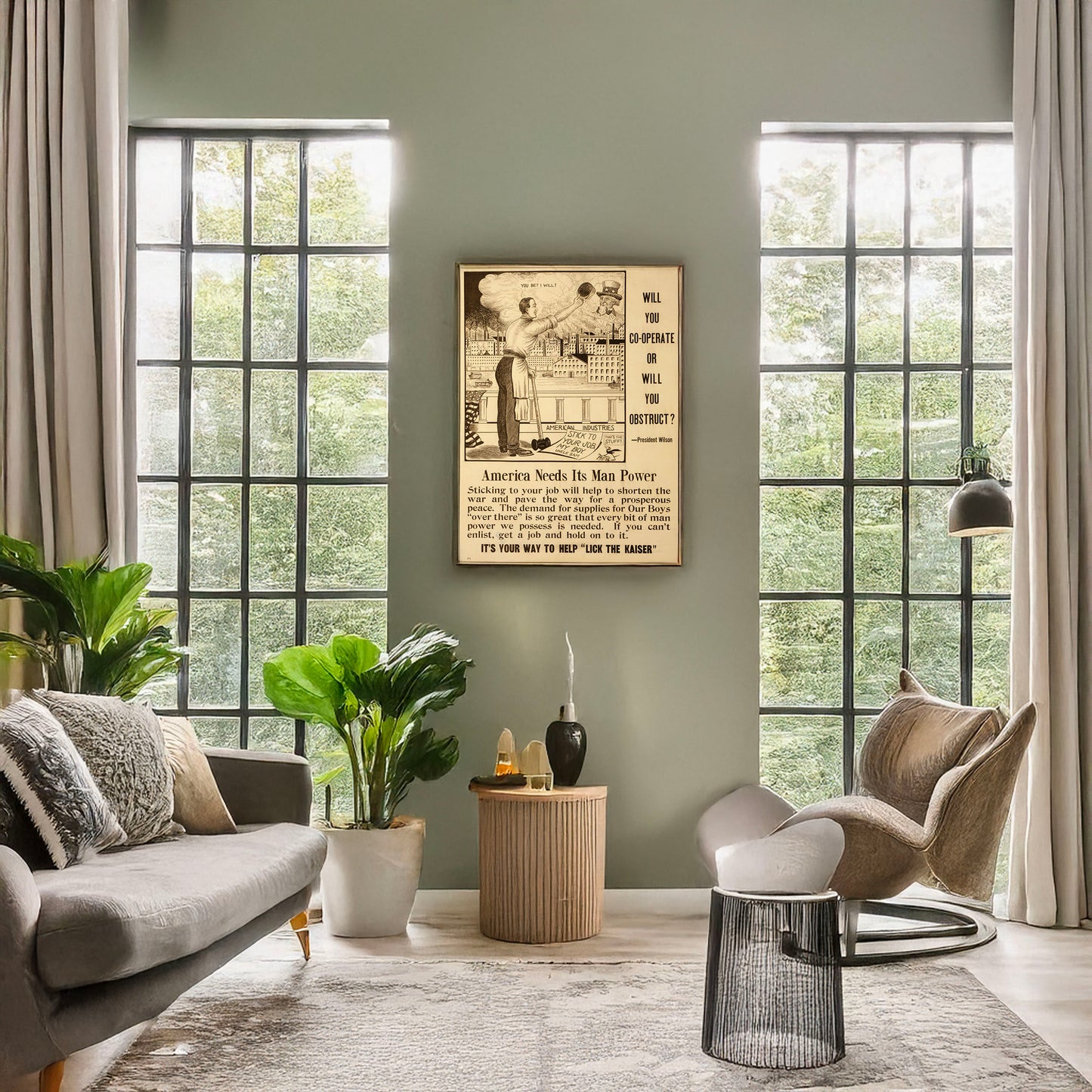 A picture of Will you co-operate or will you obstruct? - President Wilson, a mockup of the print leaning against a wall